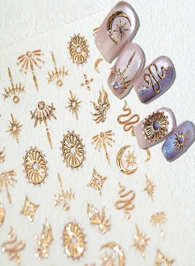 SPLOCUDU 2 Sheets Gold Boho Nail Stickers for Nail Art Gold Star Moon Sun Snake Nail Decals 5D Embossed Nail Art Decals Self-Adhesive Stickers for DIY Nails Art Decoration - Image 3